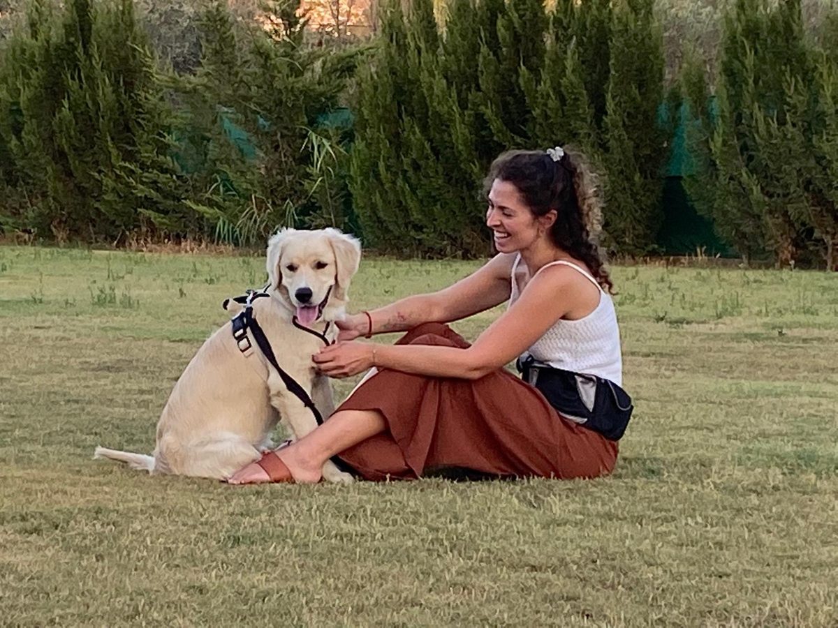 Sesión de entrenamiento en el césped entre Mariana y un golden retriever